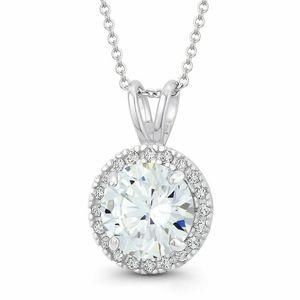 14k White Gold Round Created Diamond Halo Pendant